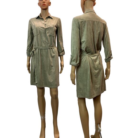 Max Studio Soft Ultra Suede Shirt Dress Tie Belt | Khaki Tan | XS - Picture 9 of 10